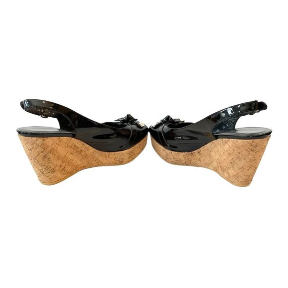 Stuart Weitzman Patent Leather Cork Wedge Bodajean Bow Slingback Heel Open Toe S - Picture 10 of 13